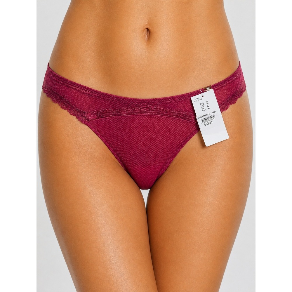 Chantelle Pomme Bikini Panty Dark Red Lace Trim Mesh Front Lingerie Size Medium